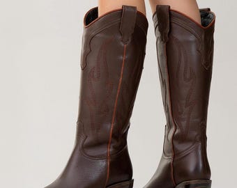 Vintage Engraved Genuine Leather Western Boots - Brown Cowboy Boots for Women, Handcrafted Comfort, Thick Heel, Warm Lining