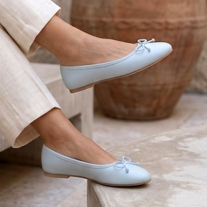 Light Blue Vegan Leather Ballet Flats, Round Toe Bow Ballerina Shoes