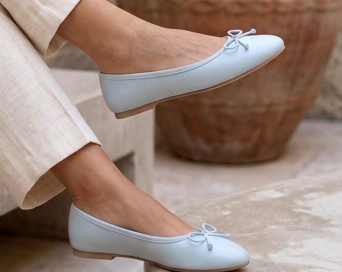 Light Blue Vegan Leather Ballet Flats, Round Toe Bow Ballerina Shoes
