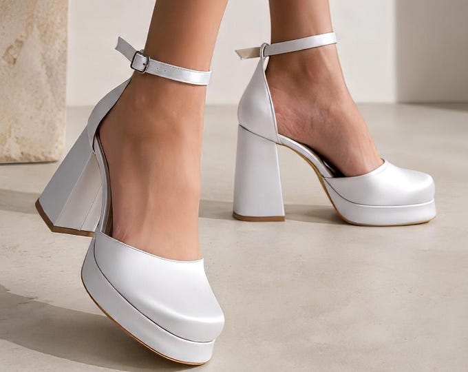 Silver Satin Platform Block Heel Pumps Ankle Strap Evening Dress Shoes