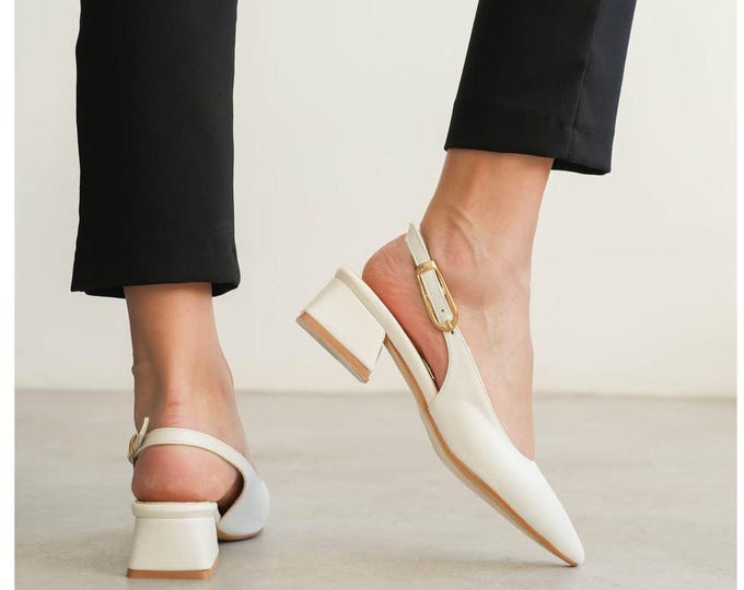 Pointed Toe Slingback Heels, Block Heel Buckle Pumps, Handmade Women's Shoes