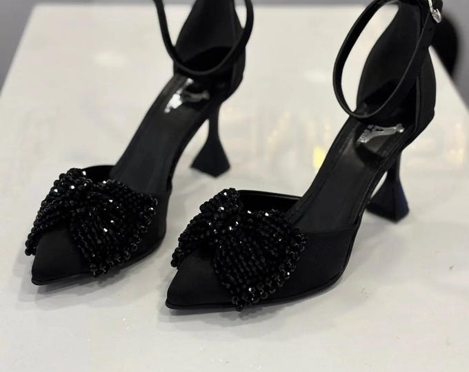 Handmade Pearl Embroidered Bridal Shoes: Black Bow Satin Heels