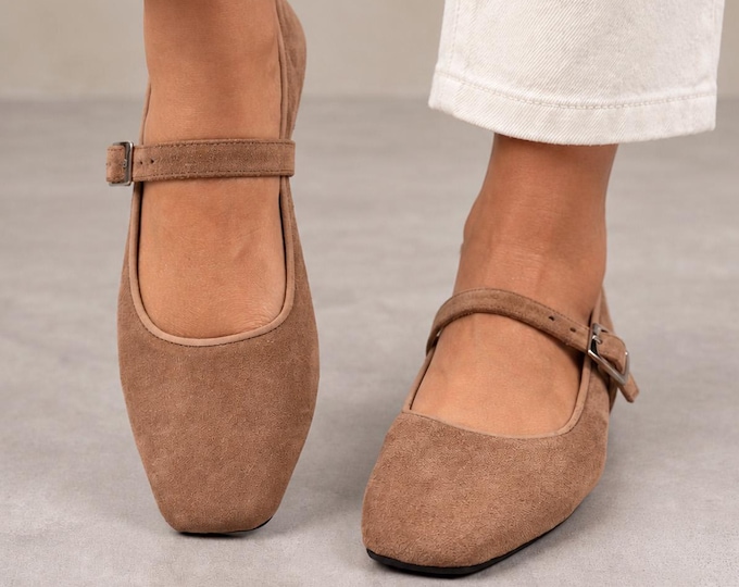Suede Mary Jane Flats Beige Square Toe Adjustable Buckle Handmade Genuine Leather Insole