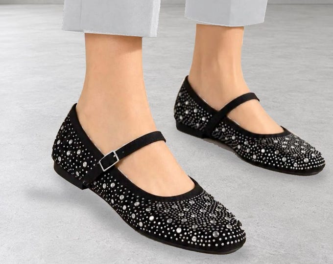 Rhinestone Mary Jane Flats in Black, Round Toe with Buckle Strap