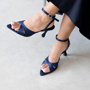 dark navy blue dress sandals Satin High Heel formal shoes for navy blue dress