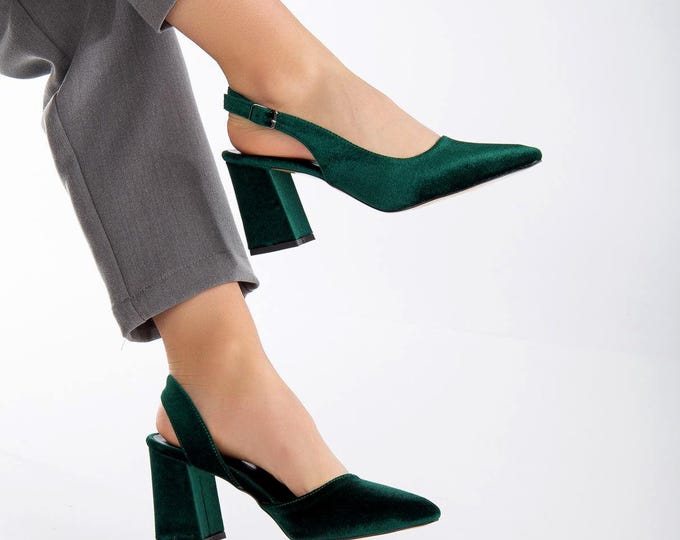 Khaki Green Velvet Slingback Heels, Pointed Toe Block Heel Pumps, Buckle Strap Dress Shoes
