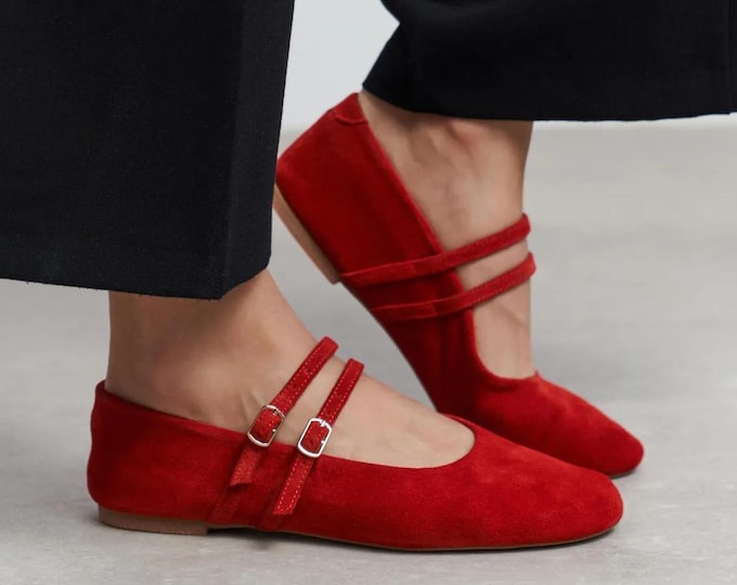 Red Double Strap Mary Jane Flats, Genuine Suede Leather Shoes, Low Heel Ballet Flats, Vintage Retro Women Pumps,