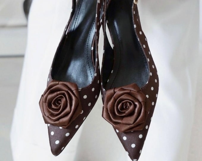 Brown Pointed Toe Slingback Heels with Rose Detail, Polka Dot Satin Low Heels
