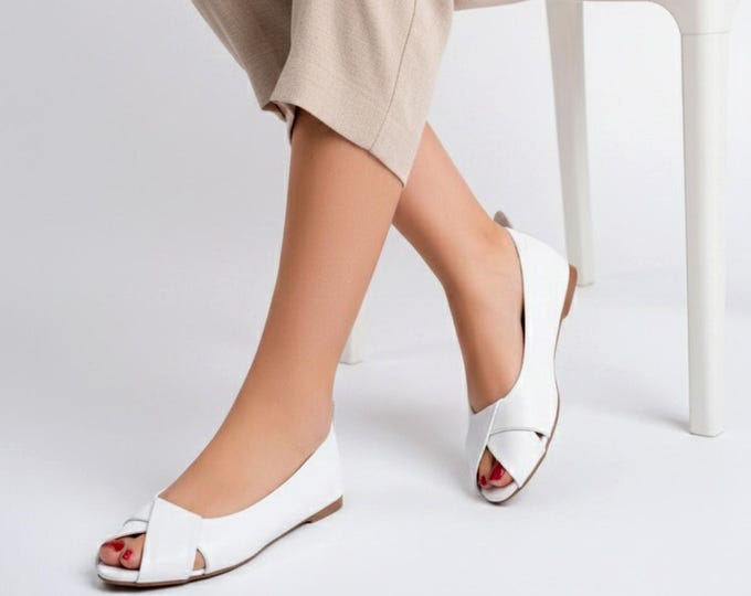 Leather Peep Toe Flats, White Handmade Pointed Toe Shoes, Low Block Heel