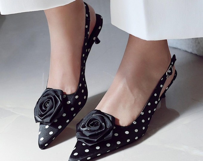 Black Pointed Toe Slingback Heels with Rose Detail, Polka Dot Satin Low Heels