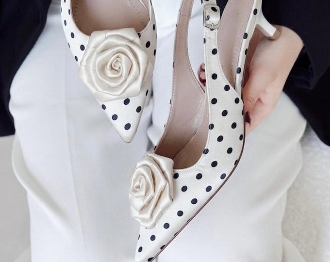 White Pointed Toe Slingback Heels with Rose Detail, Polka Dot Satin Low Heels