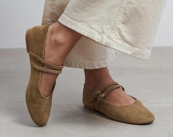 Bailarinas Mary Jane beige con doble tira, zapatos de cuero de gamuza auténtica, bailarinas de tacón bajo, zapatos de tacón vintage retro para mujer,