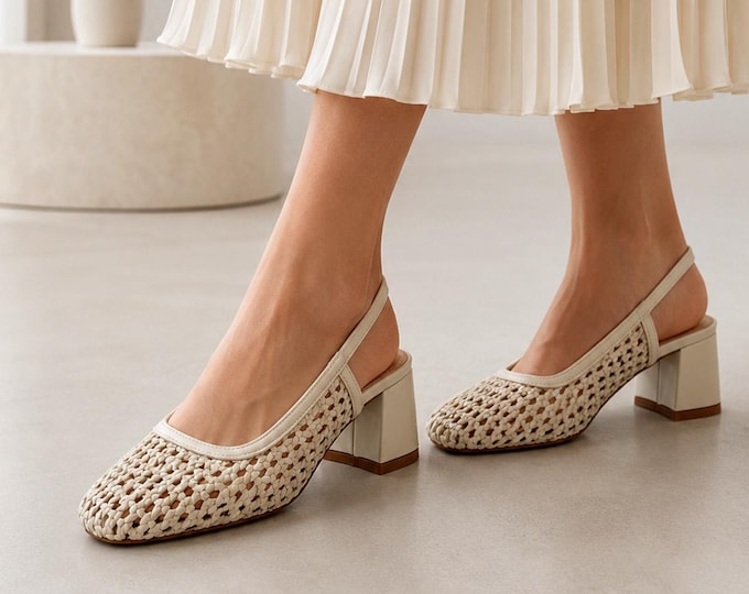 Beige Woven Slingback Heels, Chunky Block Heel Shoes, Adjustable Ankle Strap Pumps, Comfortable Women Heels