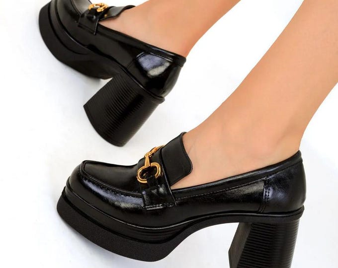Handmade Black Chunky Heeled Mary Janes with Gold Buckle