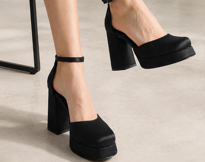 Black Satin Block Heel Pumps, Platform Bridal Shoes, Comfortable Wedding Heels with Ankle Strap, Closed Toe Engagement Party Shoes