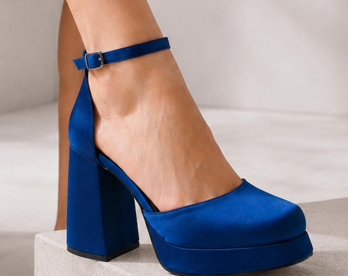 Blue Satin Block Heel Pumps, Platform Bridal Shoes, Comfortable Wedding Heels with Ankle Strap, Closed Toe Engagement Party Shoes