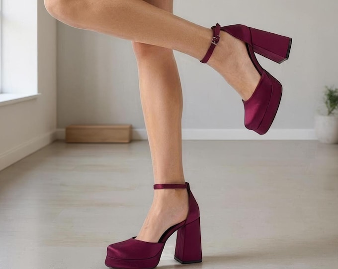 Burgundy Satin Block Heel Pumps, Platform Bridal Shoes, Comfortable Wedding Heels with Ankle Strap, Closed Toe Engagement Party Shoes