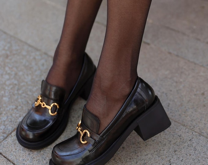 Handcrafted Vegan Leather Buckle Loafer - Black Round Toe Heel