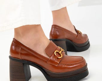 Stylish Chunky Heeled Mary Jane, Tan Mary Jane with gold accessories, Block Heeled Mary Jane, woman shoes, Square Heeled Mary Jane