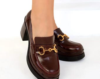 Stylish Chunky Heeled Mary Jane, Burgundy Mary Jane with gold accessories, Block Heeled Mary Jane, woman shoes, Square Heeled Mary Jane