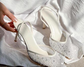 White Fishnet Women's High Heel Shoes, Elegant Pointed Toe Women's Wedding Heeled Shoes, Beaded Detail Wedding Heels