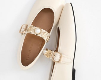 Women's White Special Gold Accessory Detailed Babet, Buckle babet, upper arched babet, non-slip sole babet, Special Design babet,pearl babet
