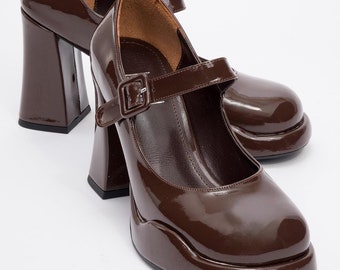 Shiny Patent Leather Shoe Stylish Chunky Heeled Mary Jane,Brown Mary Jane with a buckle woman shoe, Woman Mary Jane, Square Heeled Mary Jane
