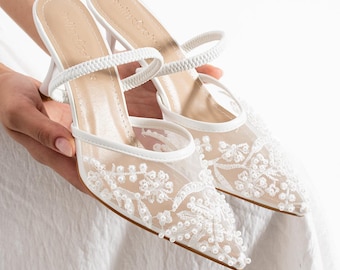Women Beaded Embroidered High Heel Bridal Wedding Shoes Elegant White Detailed Bride Heels