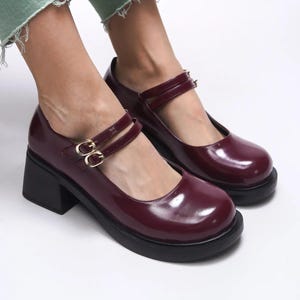 Burgundy Matte Patent Leather Mary Jane Shoes: Adjustable Ankle Strap