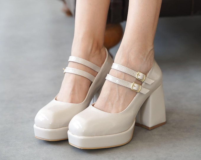 Featured listing image: Beige Platform Heel Shoes | Elegant Dual Lane Platform Heels | Bridal Shoes for Women | Gaelin Designer Synthetic Leather Heels