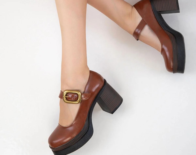 Handmade Tabby Vegan Leather Mary Janes: Chunky Heel Buckle Shoes