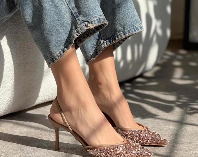 Beige Fishnet Women's High Heel Shoes, Elegant Pointed Toe Women's Wedding Heeled Shoes, Beaded Detail Wedding Heels