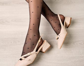 Beige Mary Jane shoes, Chic Pointed Toe Mary Jane Shoes, Cross Strap Chunky Heel, Comfortable Women's Dress Shoes