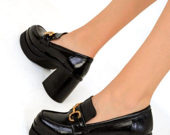 Stylish Chunky Heeled Mary Jane, Black Mary Jane with gold accessories, Block Heeled Mary Jane, woman shoes, Square Heeled Mary Jane