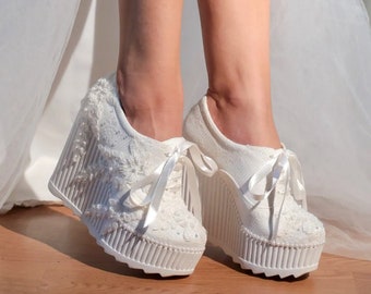 White Sport Wedge Heel Bridal Shoes, Wedding Shoes, Thick Heeled Bridal Shoes, Lace Embroidered Thick Heeled Bridal Shoes, Stylish Bridal