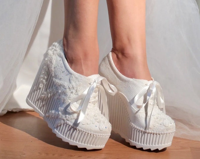 Handmade Lace Embroidered Bridal Wedge Shoes