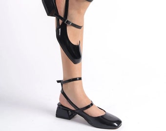Black Patent Leather Thick Heeled Shoes, Ribbon Detailed Heeled Shoes, Ankle Tie Wedding Heeled Shoes, Buckle Block Heeled Bridal Shoes