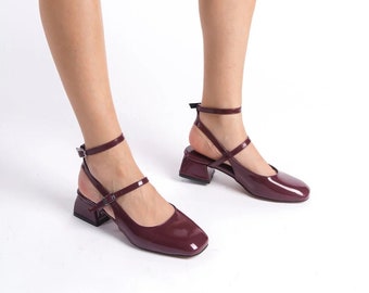 Burgundy Patent Leather Thick Heeled Shoes, Ribbon Detailed Heeled Shoes, Ankle Tie Wedding Heeled Shoes, Buckle Block Heeled Bridal Shoes