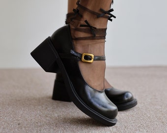 Square Heel Mary Jane, Chic Chunky Heel Mary Jane, Buckled Black Mary Jane, Block Heel Mary Jane, women shoes, Women's Mary Jane,