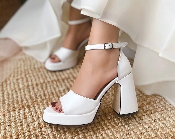 White Platform Bridal Shoes: Handmade Block Heel Wedding Sandals