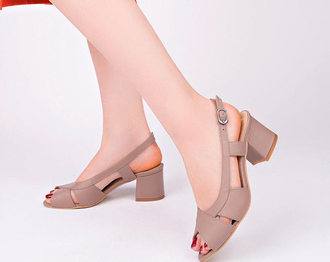 Women's Mink Leather Slingback Sandals, 5 cm Block Heel Open Toe Shoes