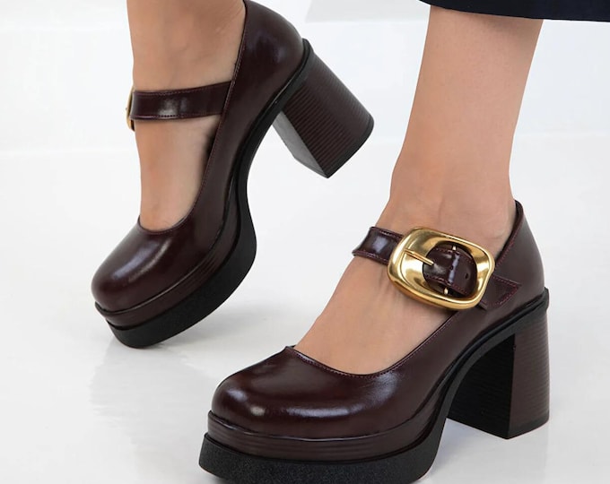 Handmade Brown Vegan Leather Mary Janes: Chunky Heel Buckle Shoes