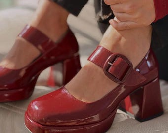 Stylish Patent Leather, Red Mary Jane with Buckle, Block Heeled Mary Jane, Chunky Heels, Women's Mary Jane, Square Heeled Mary Jane