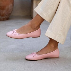 Pink Vegan Leather Ballet Flats, Round Toe Bow Ballerina Shoes