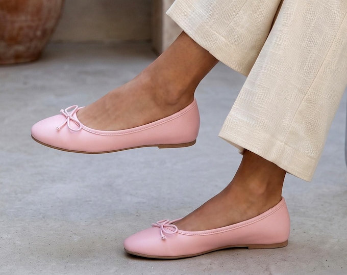 Pink Vegan Leather Ballet Flats, Round Toe Bow Ballerina Shoes