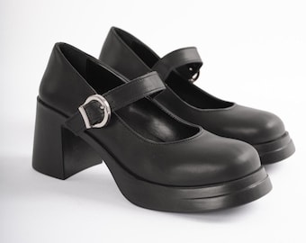 Handmade Black Vegan Leather Mary Jane Shoes: Chunky Heel Comfort