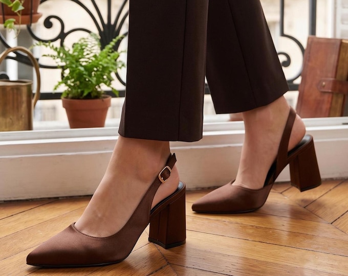 Brown Satin Slingback Heels with Block Heel, Elegant Pointed Toe Pumps for Wedding Guest or Formal Evening, Comfortable Chunky Heel Shoes