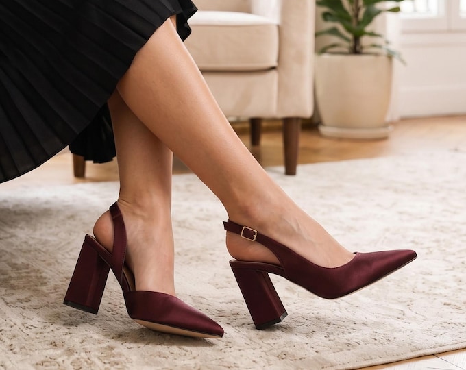 Burgundy Satin Slingback Heels with Block Heel, Elegant Pointed Toe Pumps for Wedding Guest or Formal Evening, Comfortable Chunky Heel Shoes