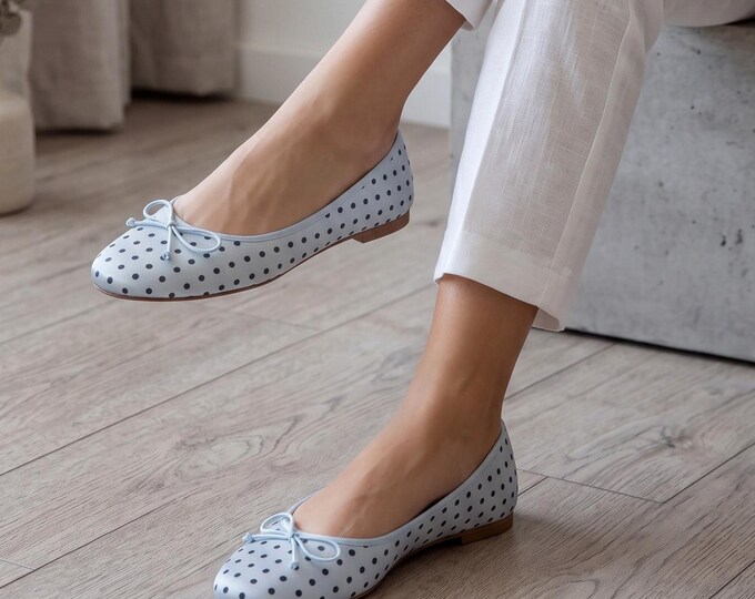 Light Blue Polka Dot Satin Ballet Flats with Bow, Vintage Style Slip On Shoes