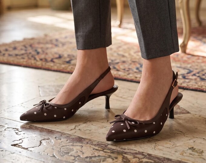 Brown Polka Dot Slingback Heels with Bow, Retro Kitten Pumps for Women
